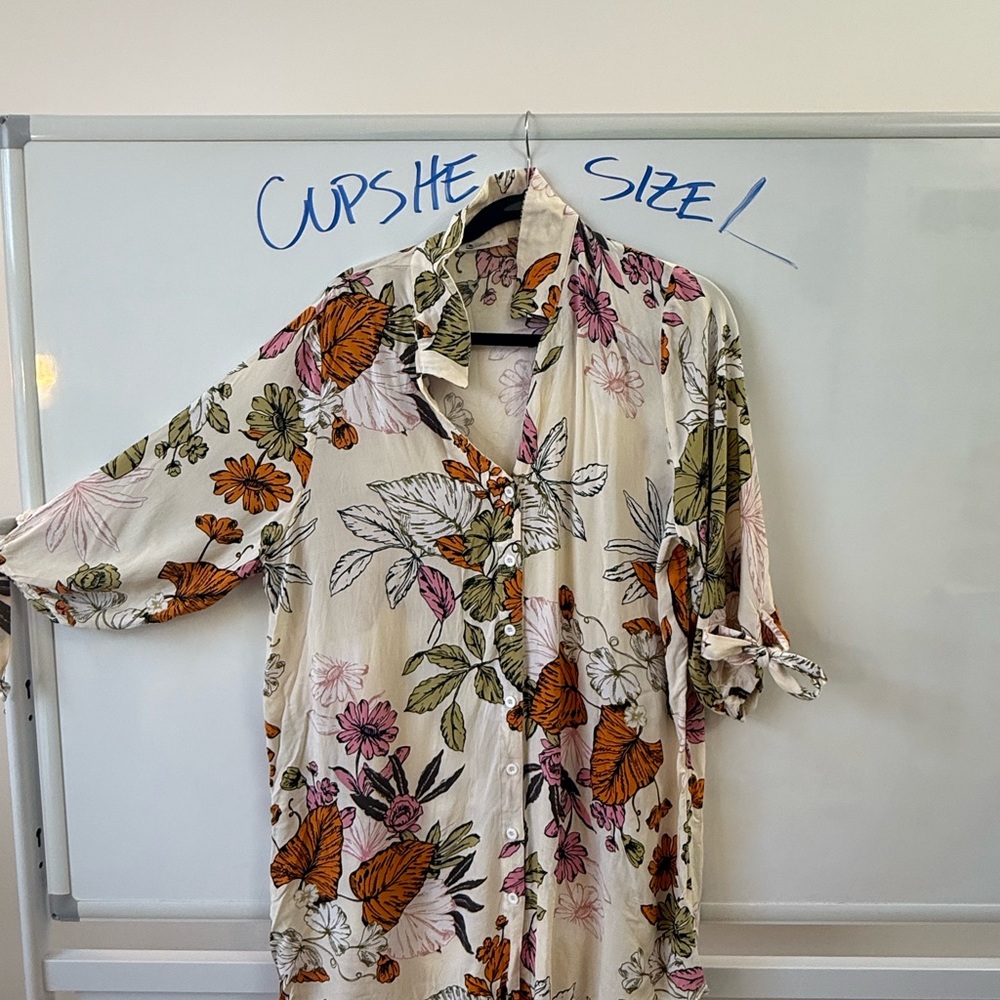 Cupshe Cream Floral Button-Down Shirt with Pink, Orange & Green Print